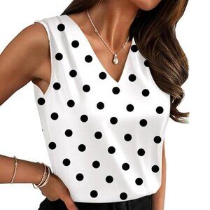 Women's Black & White Polka Dot Silk Satin Camisole Tan Tops V Neck Casual